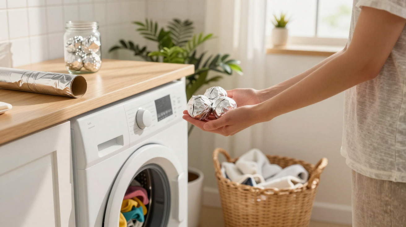 Person holding aluminium foil balls near a washing machine in a bright laundry room with a wicker basket.