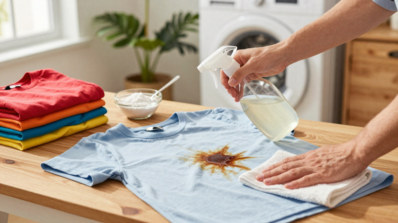 Person spraying stain remover on a burnt stain on a blue t-shirt on a wooden table.
