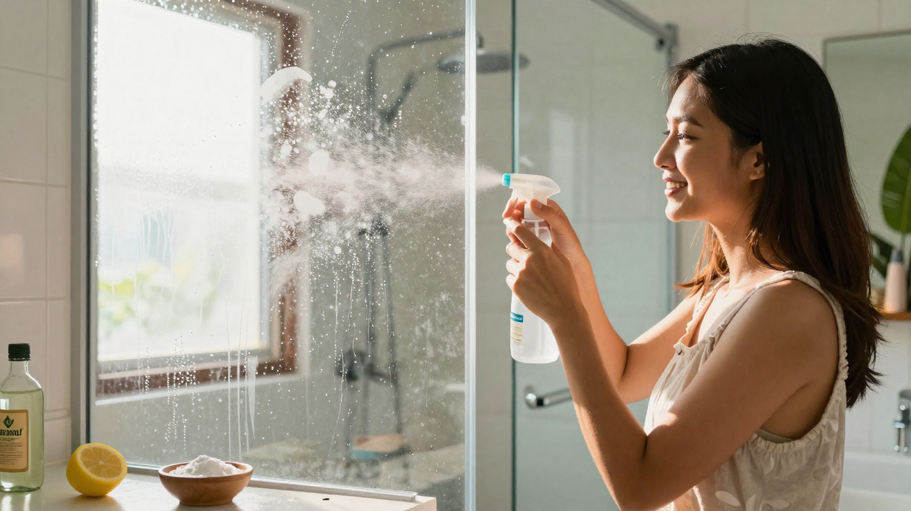 Woman smiling while spraying cleaner on bathroom glass shower door in a bright bathroom.