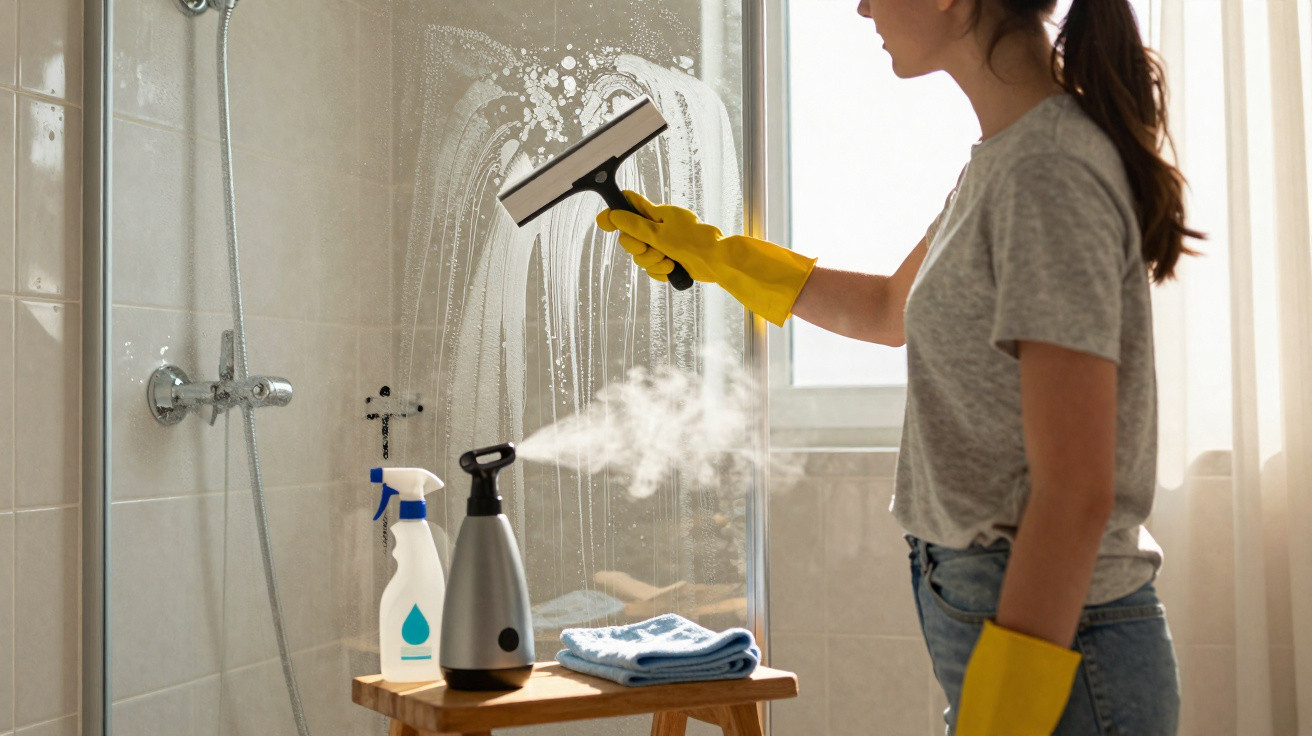 Person wearing yellow gloves cleaning a glass shower door with a squeegee and spray bottles nearby.