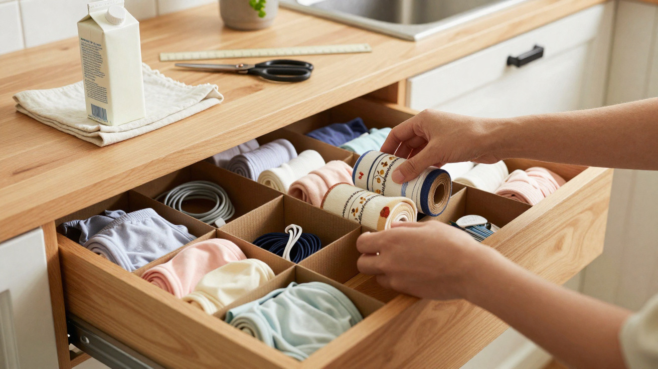 Person organising a wooden drawer with neatly folded clothes and fabric rolls in a home setting.