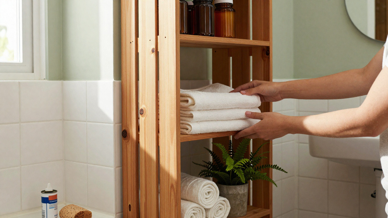 Person placing folded white towels on a wooden bathroom shelf with toiletries and a potted plant nearby.