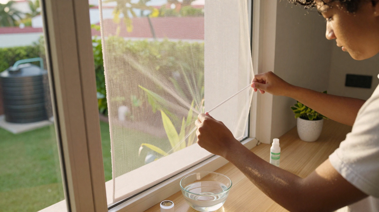 Person fixing a window screen on a sunny day, with a bowl of water and cleaning supplies on the windowsill.