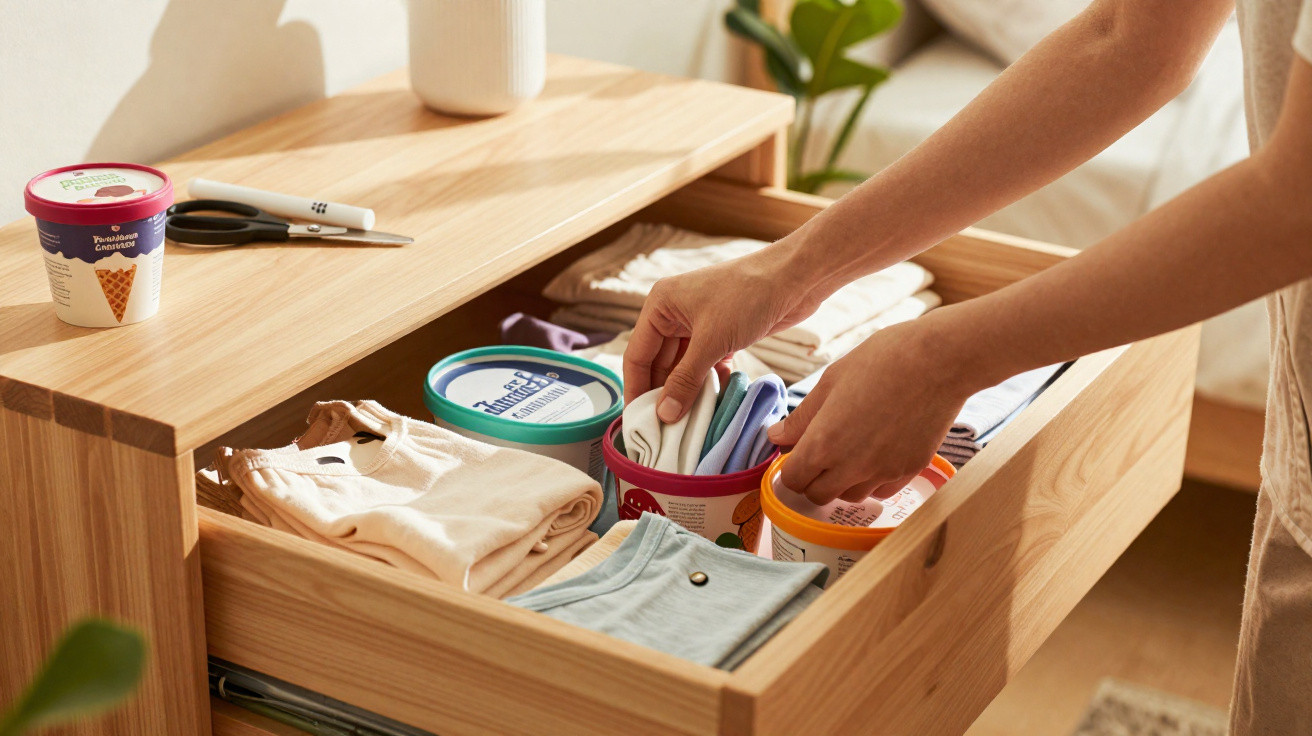 Hands organising folded clothes inside a wooden drawer with repurposed plastic containers for storage.