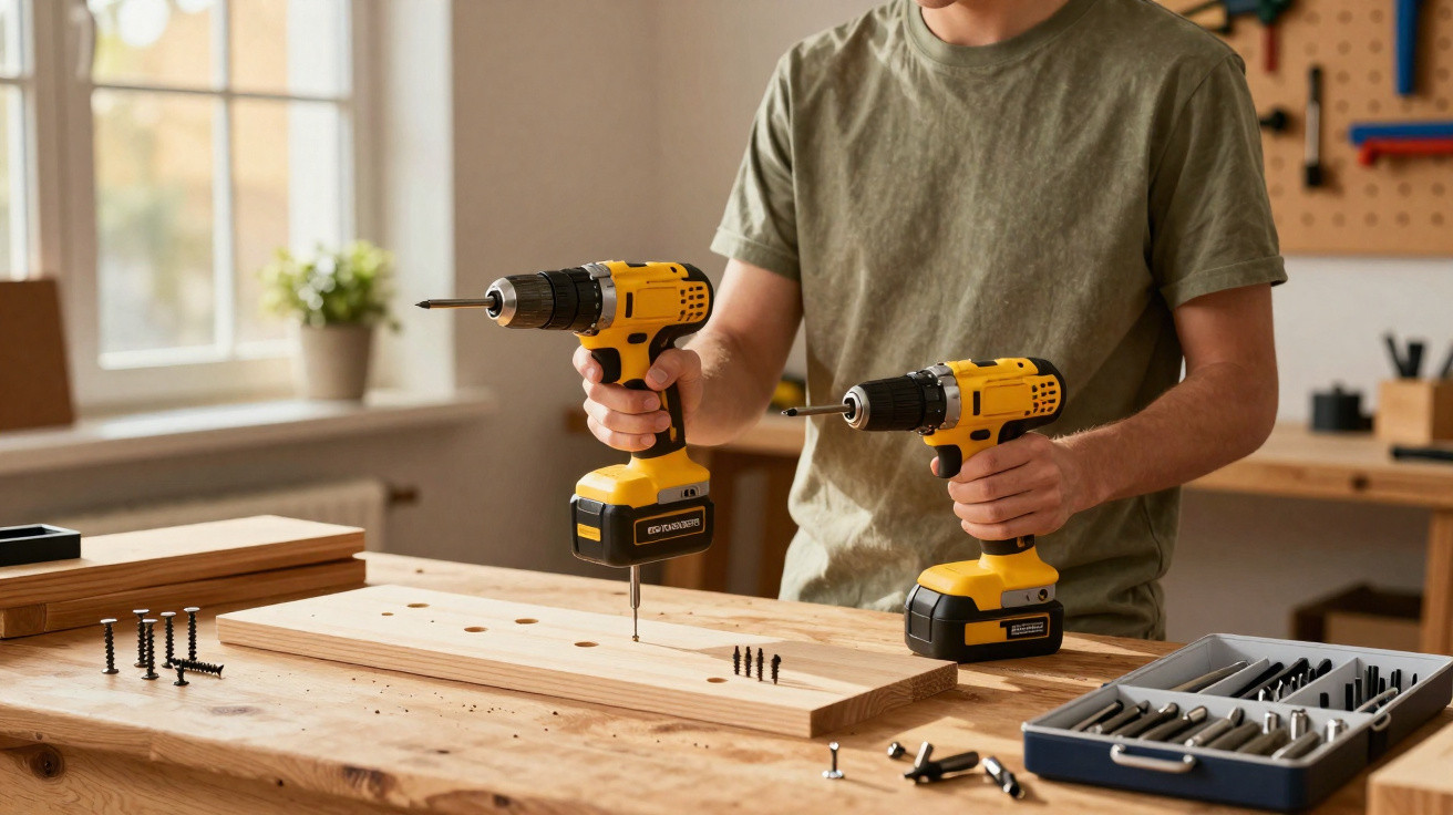 Person using two cordless drills on wooden boards with screws and drill bits in a workshop.