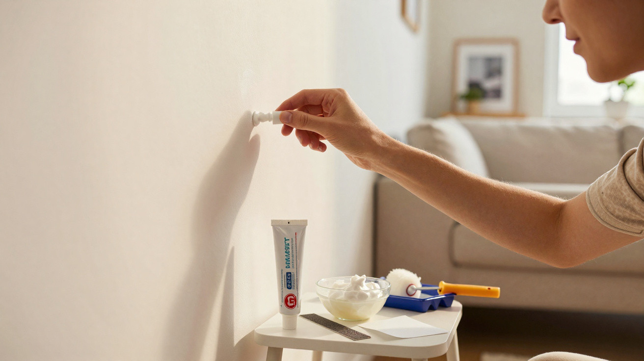 Person applying white wall filler to a small hole in a beige wall with repair tools nearby.