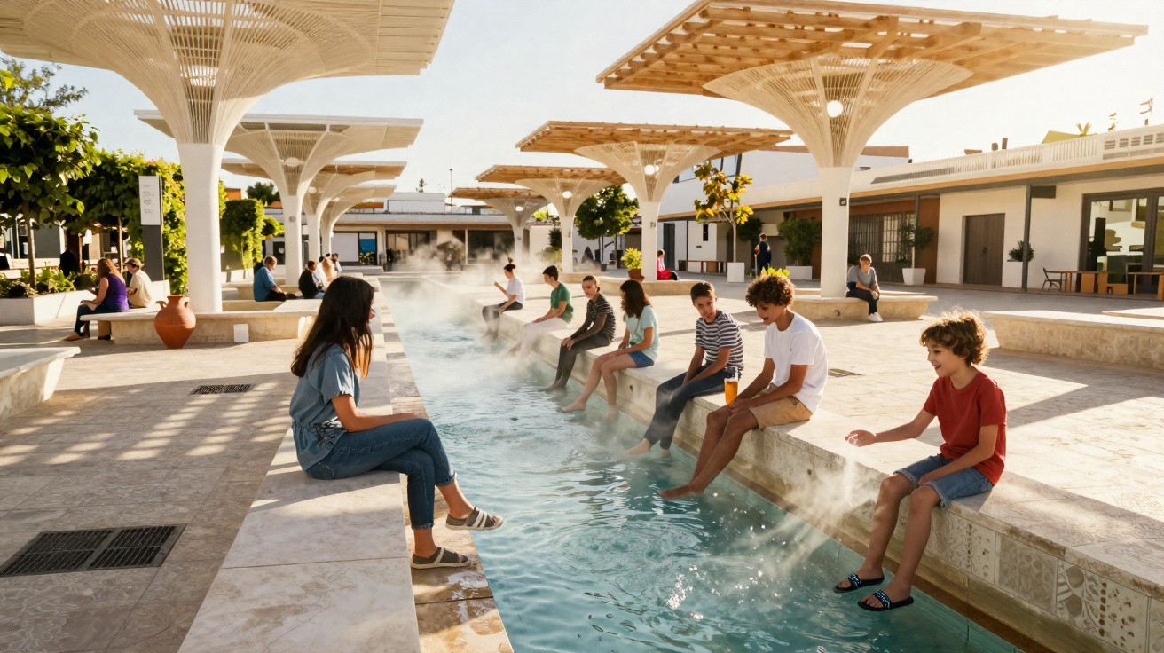 People sitting and dipping feet in a misty water feature at a sunny modern outdoor plaza with shaded canopies.