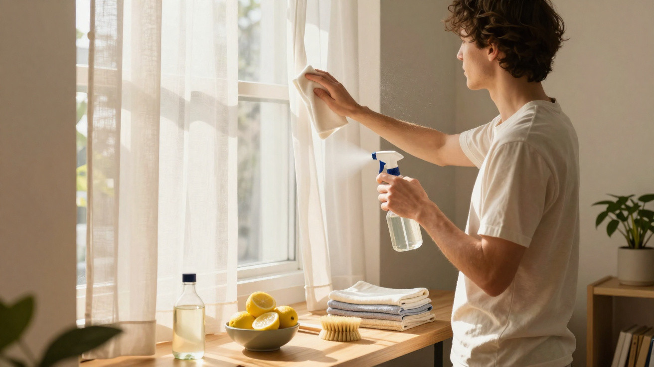 Person cleaning sheer curtains by a window with a spray bottle and cloth on a sunny day.
