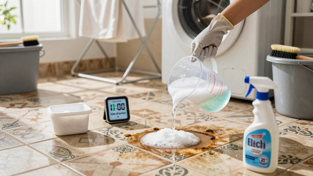 Hand in glove pouring foam cleaner onto stain on tiled floor with cleaning products and timer nearby.