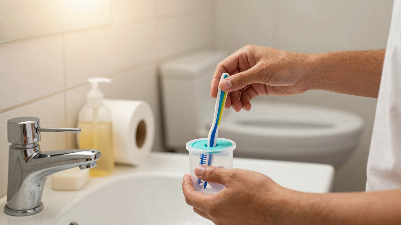 Person dipping a toothbrush into a cup in a bathroom with a sink and toilet in the background.