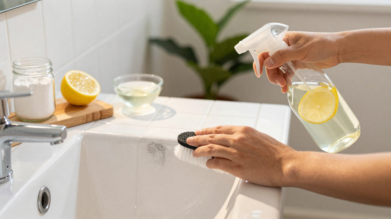 Person cleaning a bathroom sink with a natural lemon spray and brush on a sunny day.