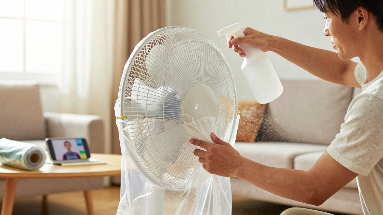 Person cleaning a standing fan with a spray bottle and cloth in a bright living room.