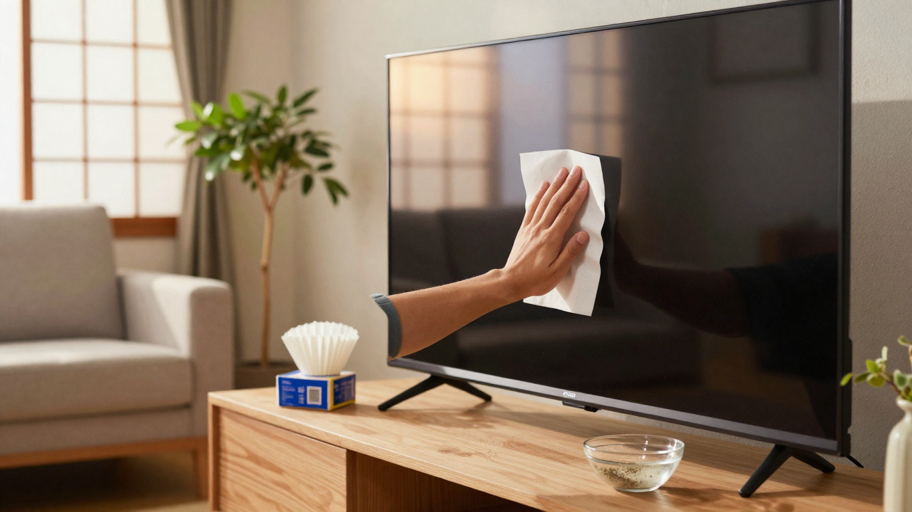 Hand wiping a flat-screen TV with a white cloth in a cosy living room setting with a plant and sofa.