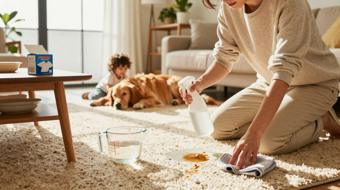 Person cleaning a spill on a carpet with a spray bottle and cloth, child and dog playing in the background.