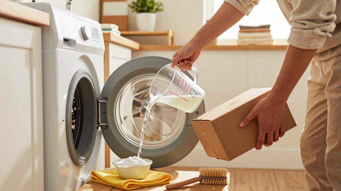 Person pouring liquid detergent from a measuring jug into a washing machine drum in a kitchen.