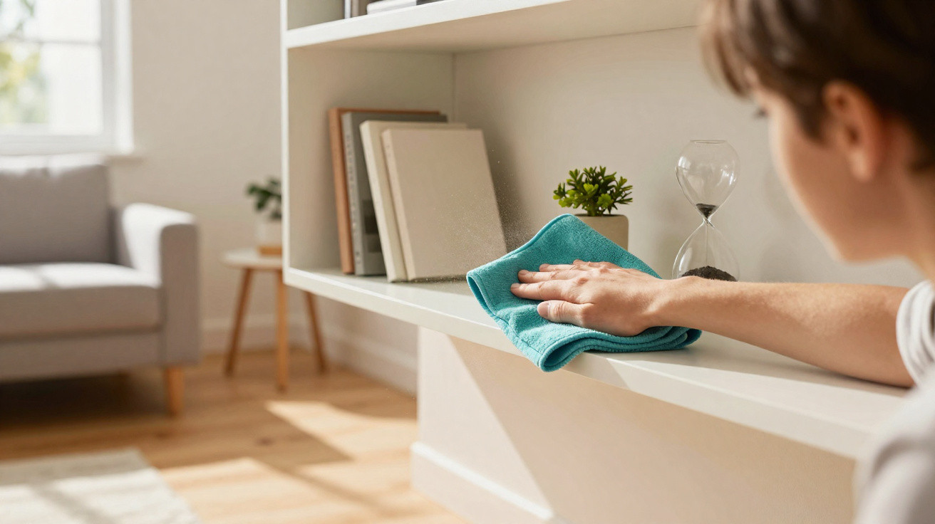 Person cleaning white shelf with blue cloth in a bright, tidy living room with books and an hourglass on the shelf.