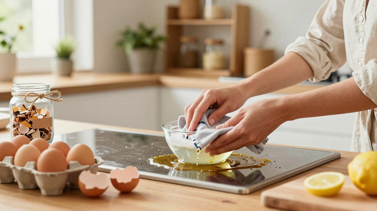 Person separating egg yolk with egg white dripping into a glass bowl on kitchen counter.