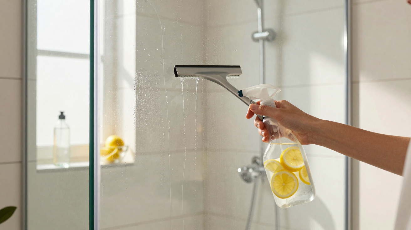 Hand holding squeegee and spray bottle with lemon water cleaning a glass shower door in a bathroom.