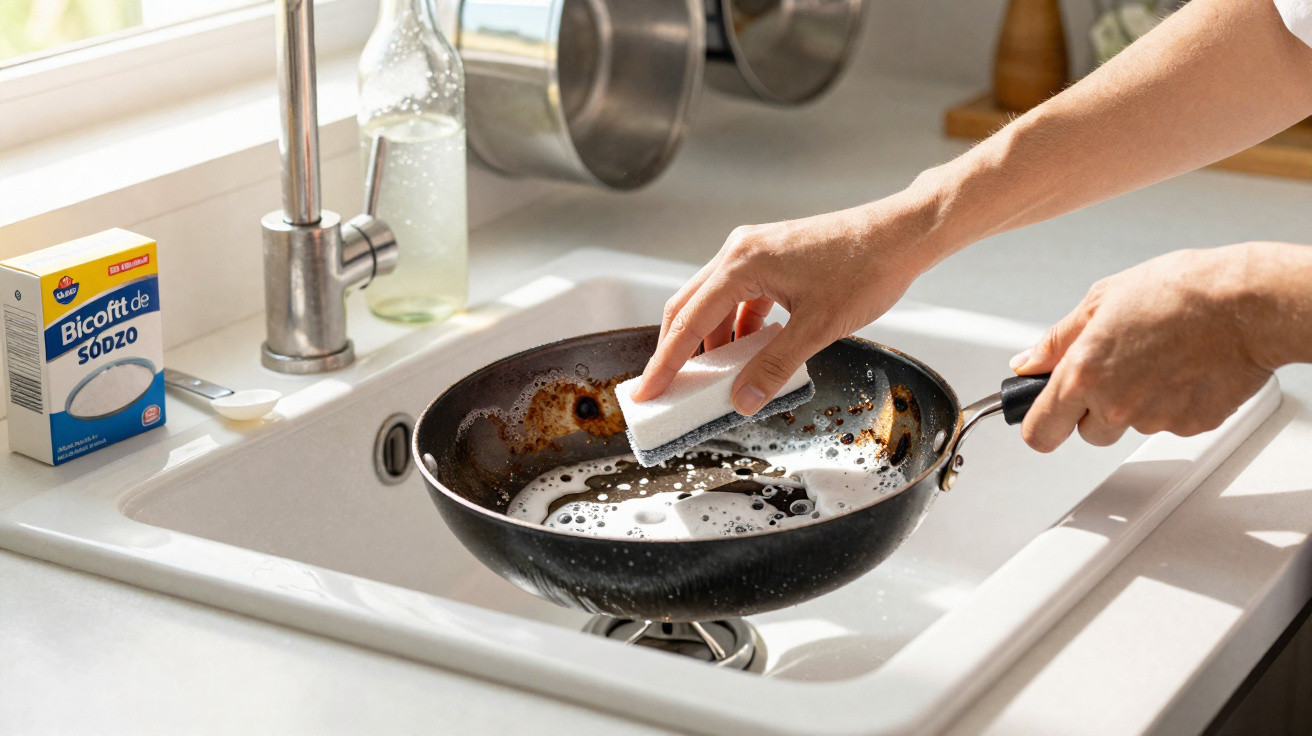 Person scrubbing a burnt frying pan with a sponge in a kitchen sink filled with soapy water.