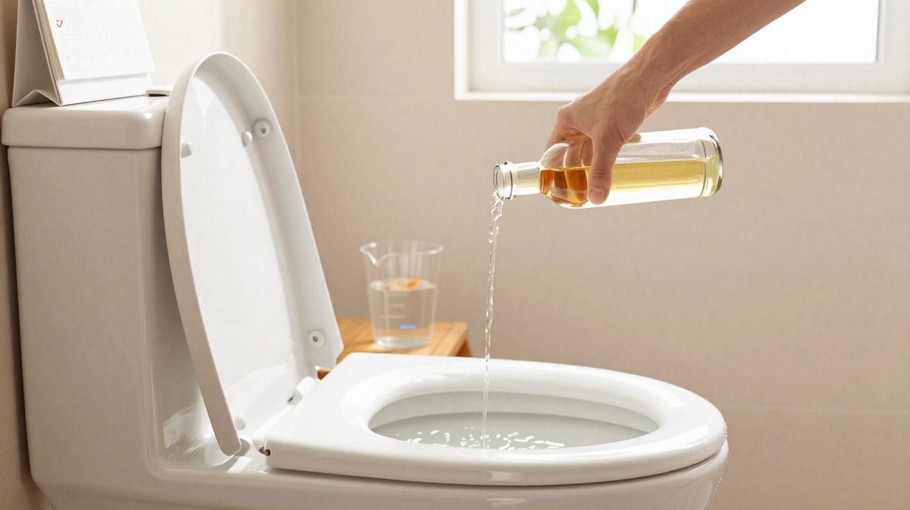 Hand pouring liquid from a bottle into a white toilet bowl in a bright bathroom.
