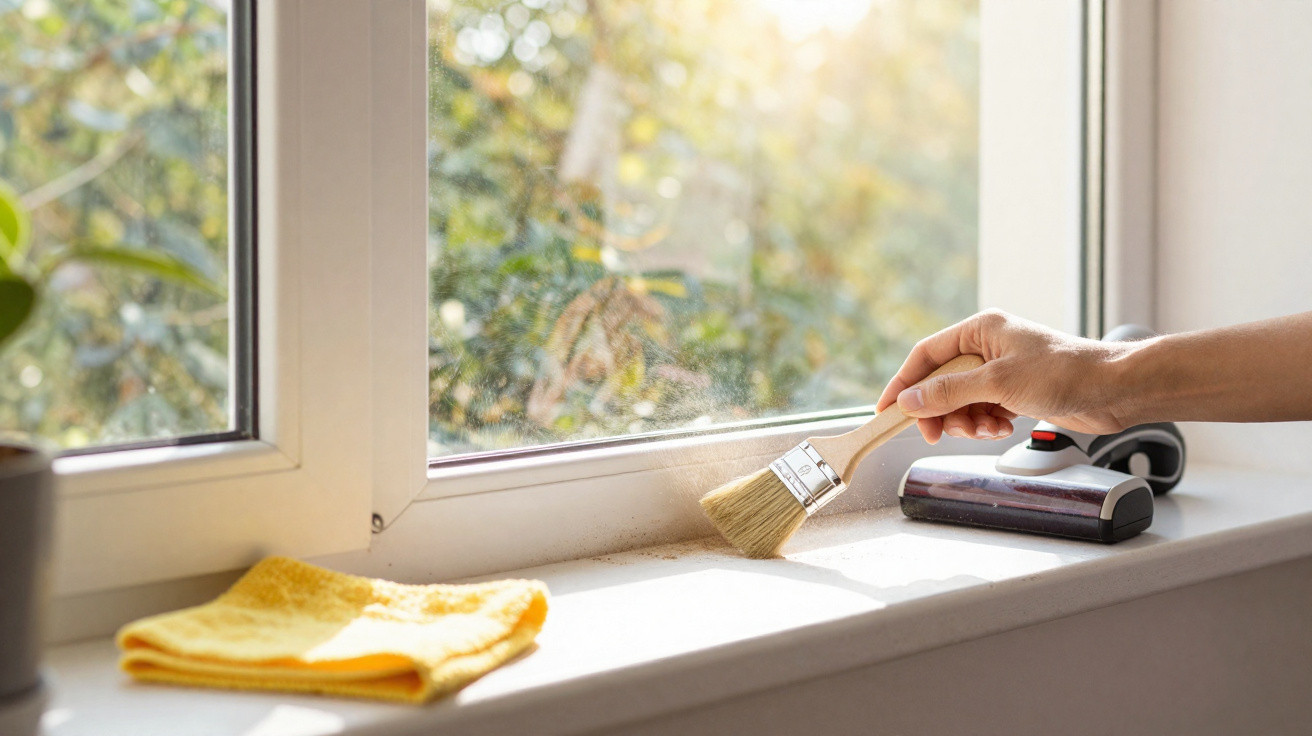 Hand using a brush to clean dust off a bright windowsill with a yellow cloth nearby and a blurred garden outside.