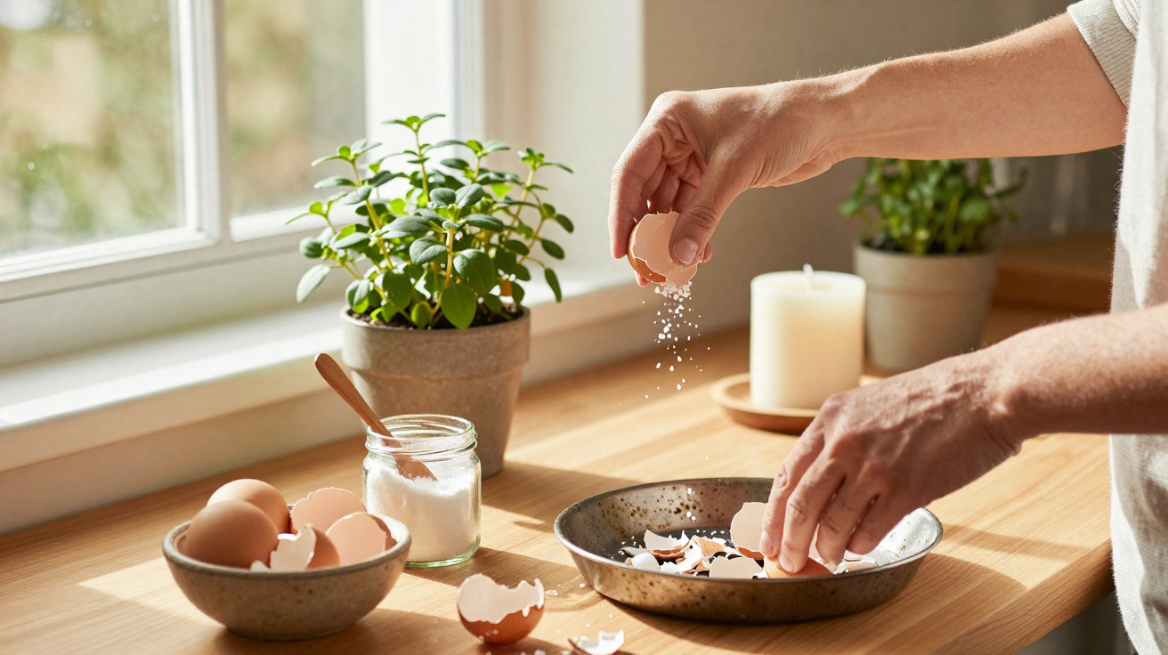 Person sprinkling salt from an eggshell over a metal pan with eggshell pieces on a wooden kitchen counter.