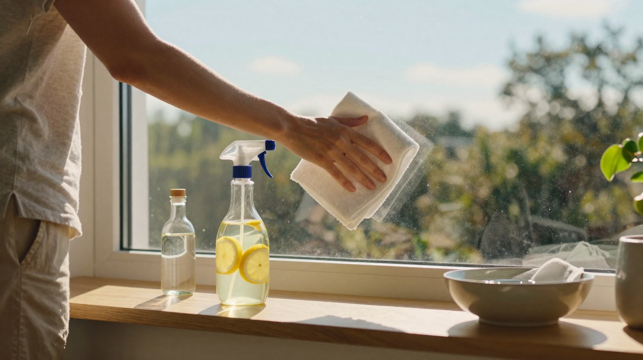 Person cleaning a window with a cloth beside bottles and a bowl on a wooden windowsill.