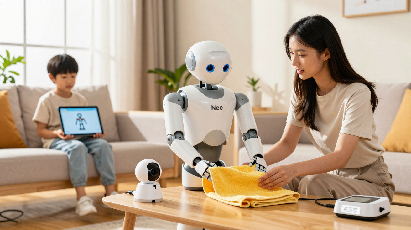 Woman and humanoid robot folding a yellow cloth on a wooden table while a boy watches holding a tablet in a living room.
