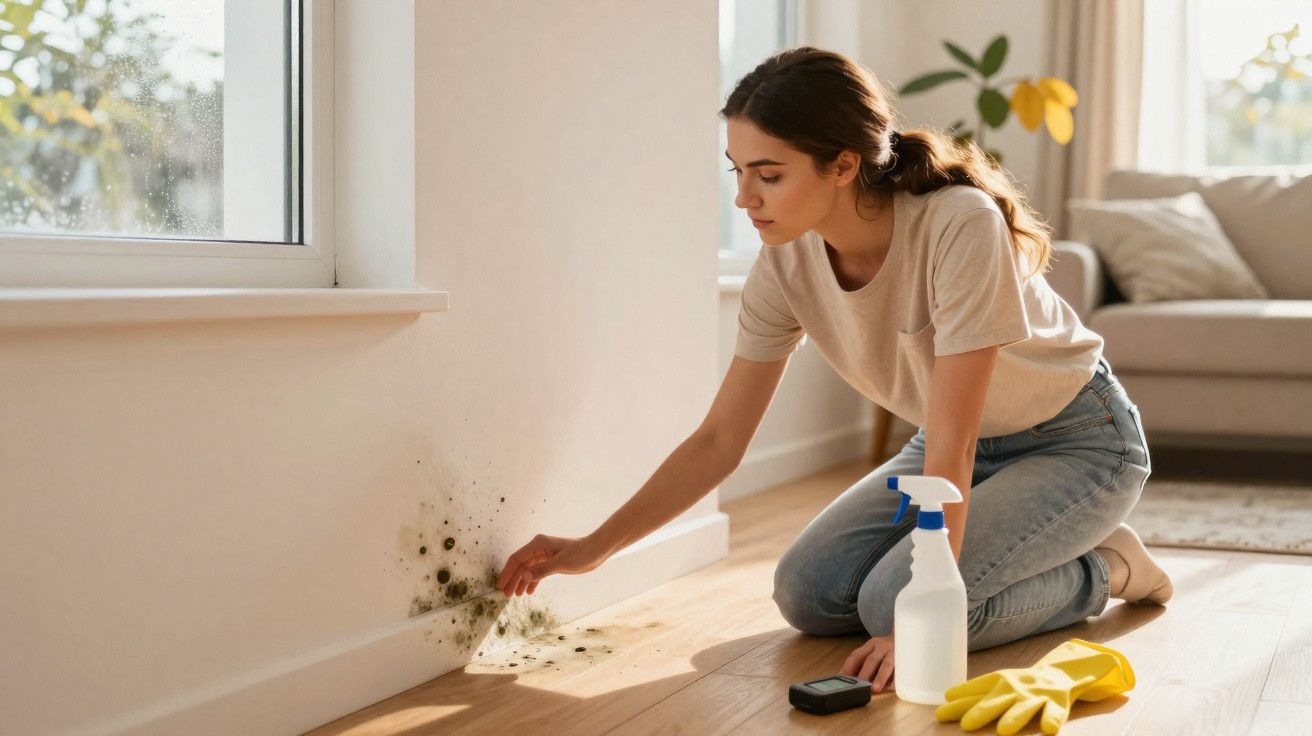 Woman cleaning mould from wall near window in living room with spray bottle and gloves on floor next to her.