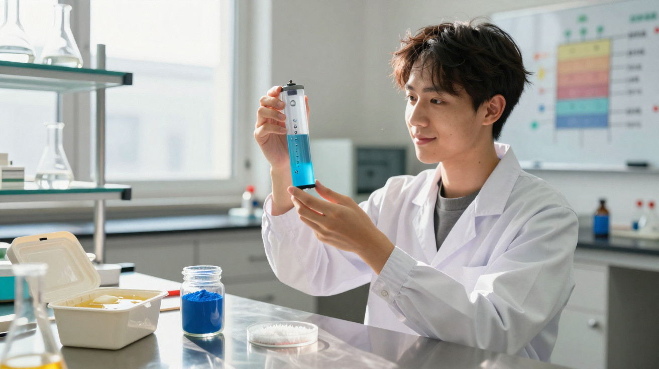 Scientist in white lab coat examining a blue liquid in a graduated cylinder in a laboratory.