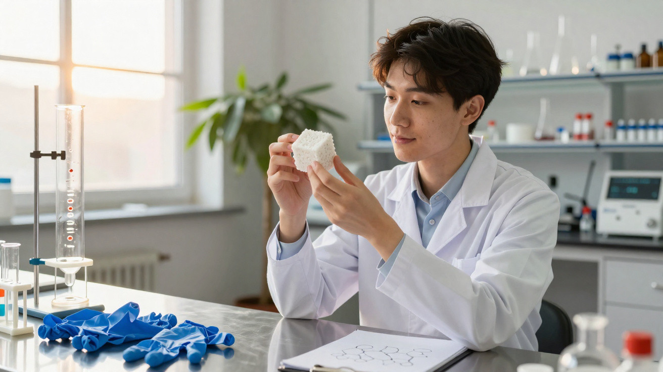 Scientist in lab coat examining a 3D printed cube model at a laboratory bench.