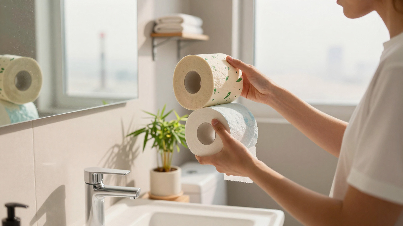 Person holding two rolls of toilet paper in a bright bathroom next to a sink and mirror with a small potted plant nearby.