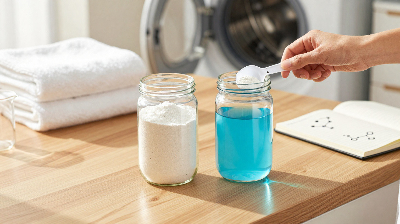 Hand adding detergent powder with spoon into jar of blue liquid on wooden surface near washing machine.