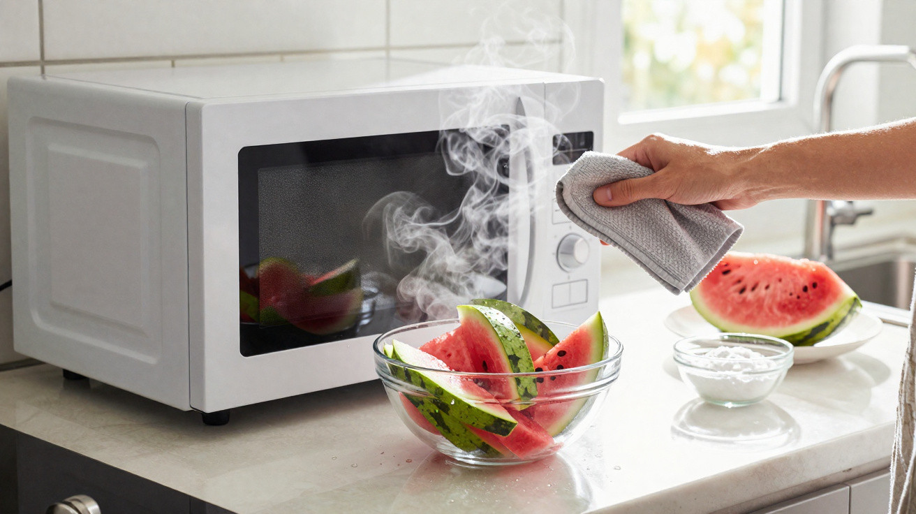 Hand wiping a steaming microwave with sliced watermelon in a glass bowl on a kitchen counter.