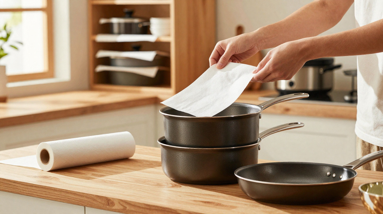 Hands placing a paper towel into stacked pans on a wooden kitchen countertop with a paper towel roll nearby.