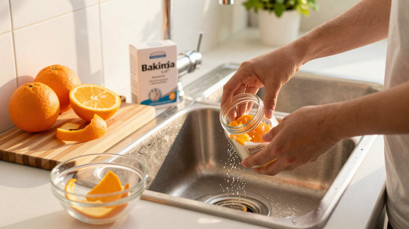 Hands sprinkling baking soda from a jar onto orange peels over a kitchen sink with oranges on a chopping board.