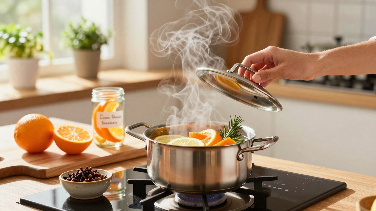 Hand lifting lid off steaming pot with lemon, orange, and herbs on gas stove in sunny kitchen.