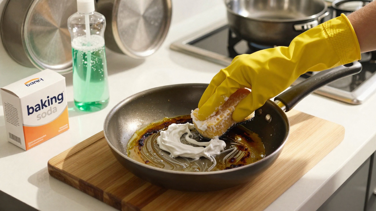 Hand wearing yellow glove scrubbing burnt residue in frying pan with sponge and baking soda on kitchen counter.