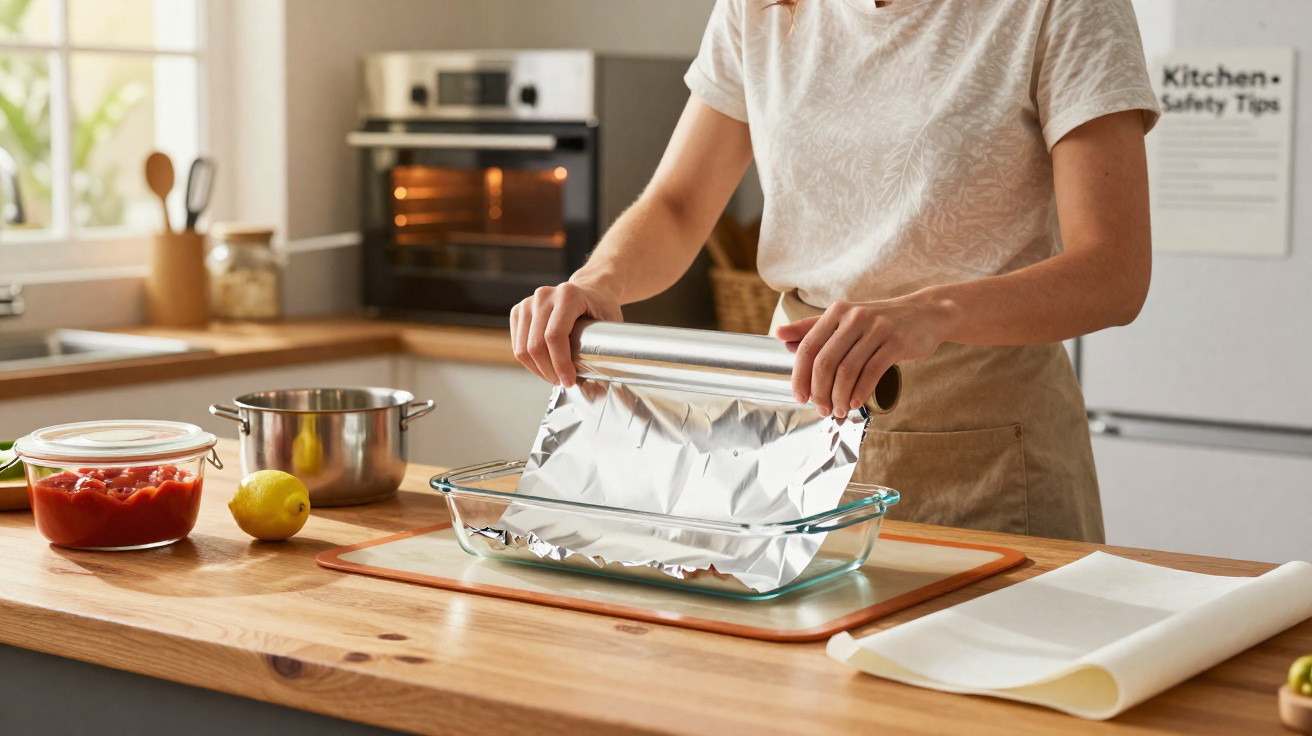 Person covering a glass baking dish with aluminium foil on a wooden kitchen counter.