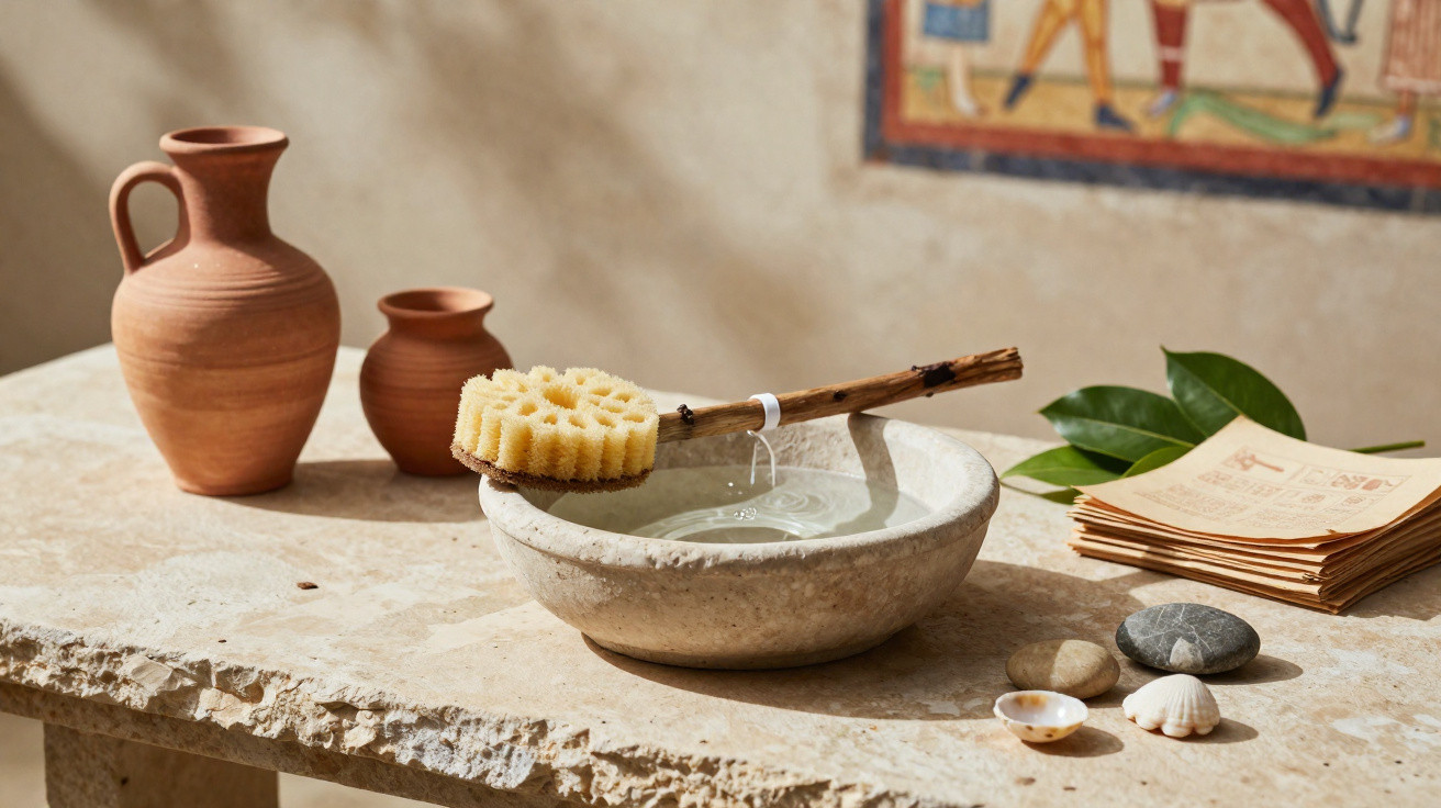 Stone bowl with water and cleaning brush, two clay pots, leaves, pebbles, shells, and stacked papers on stone table.