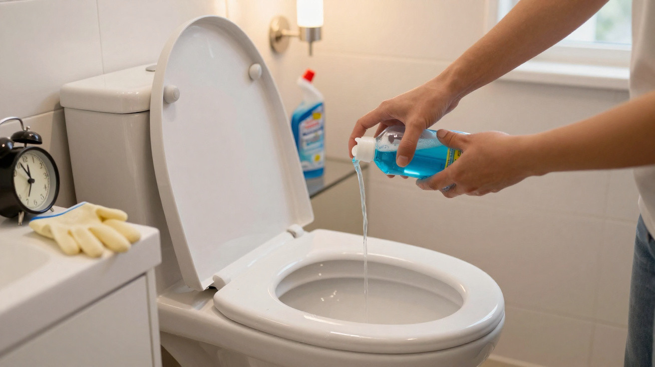 Person pouring blue toilet cleaner into an open toilet bowl in a bathroom.