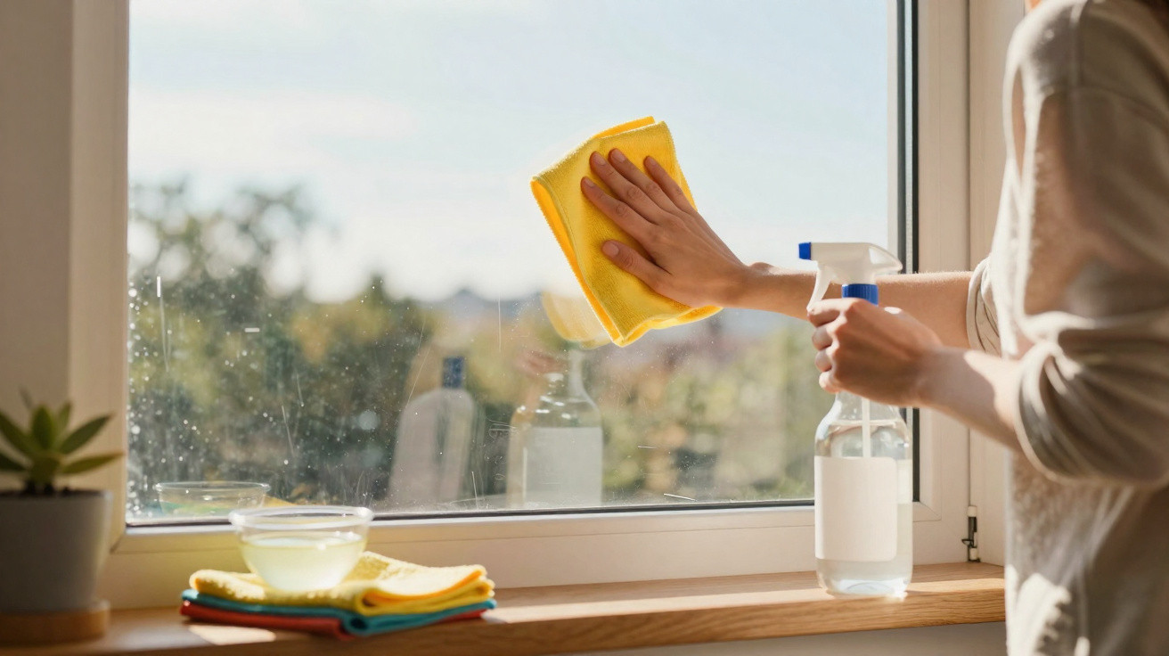 Person cleaning a window with a yellow cloth and spray bottle on a sunny day indoors.
