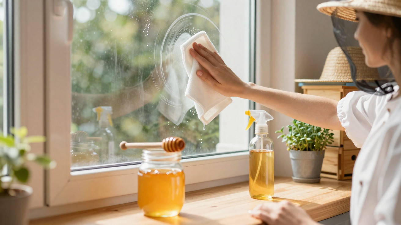 Person cleaning a window with a cloth, next to a jar of honey and a spray bottle on a wooden windowsill.
