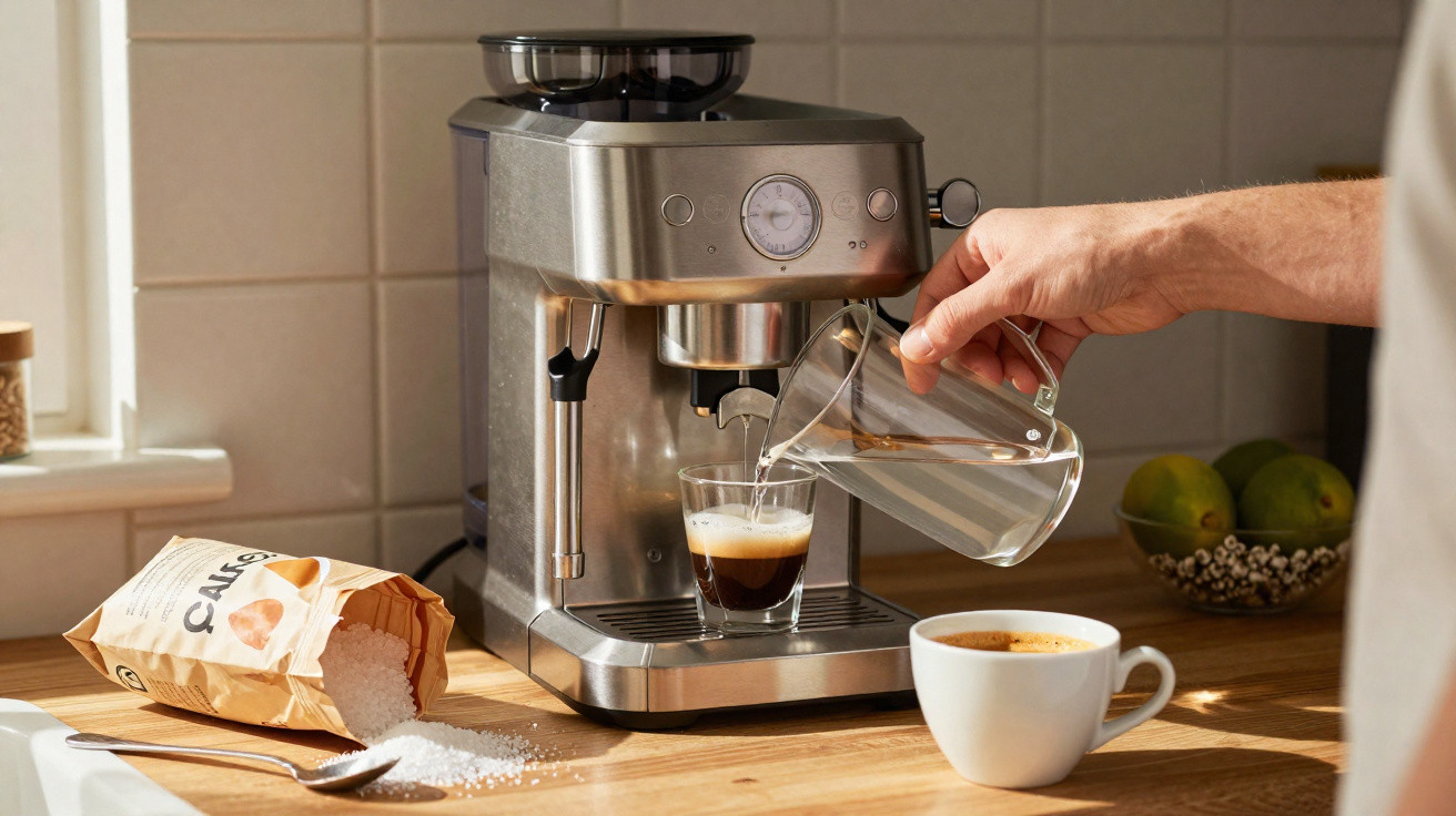 Person pouring water into a stainless steel espresso machine with coffee and salt on a wooden kitchen counter.