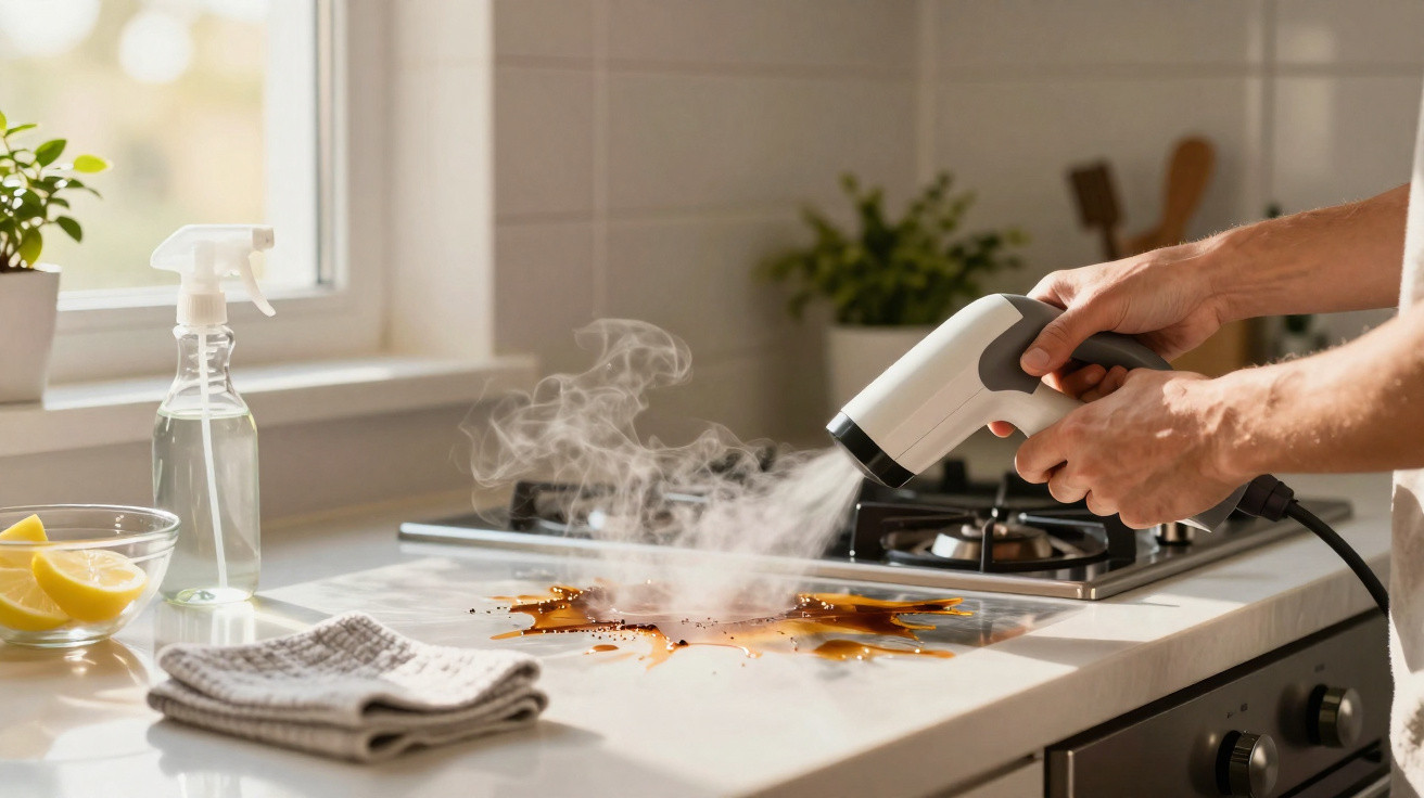 Person using a handheld steam cleaner to remove a brown spill on a white kitchen countertop near a gas stove.