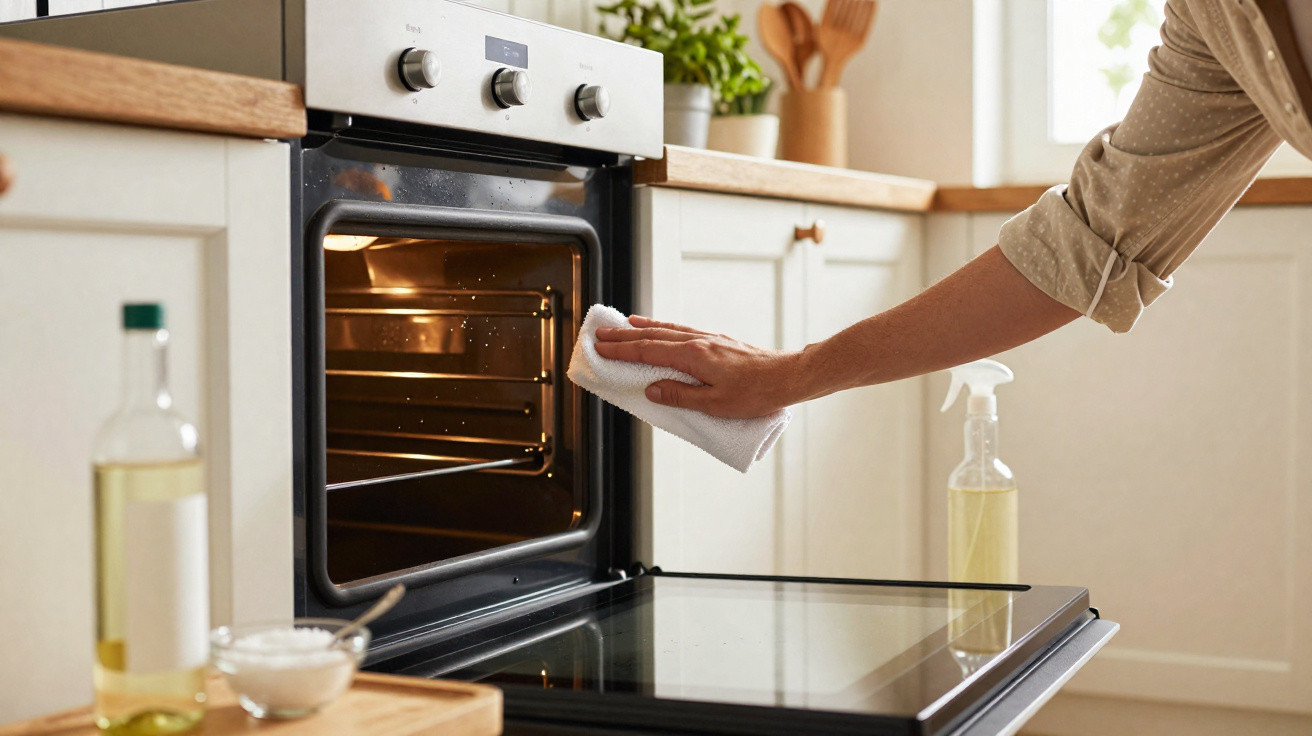 Person cleaning the inside of an open oven with a cloth in a bright kitchen setting