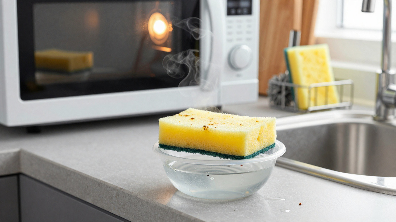 Yellow and green sponge resting on a steaming bowl of water on a kitchen counter near a sink and microwave.