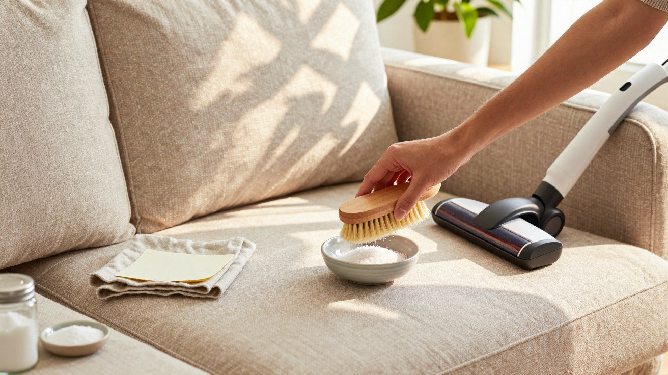 Hand holding a brush with cleaning powder next to a vacuum cleaner on a beige sofa in sunlight.
