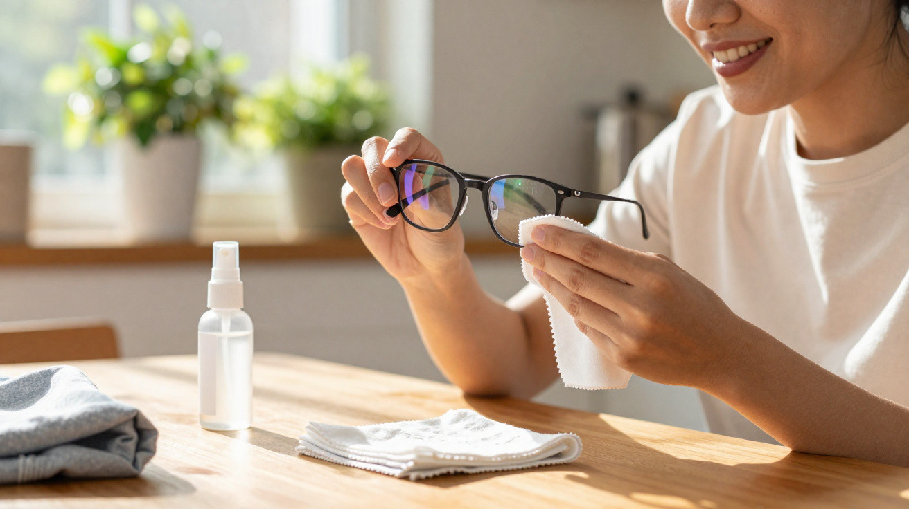 Person cleaning black-framed glasses with cloth at wooden table in bright room with plants.