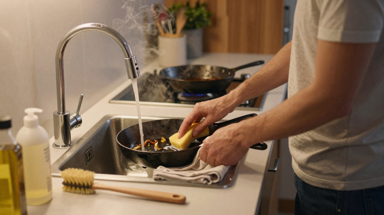 Person washing a steaming frying pan under a kitchen tap with a sponge and cloth on the counter.